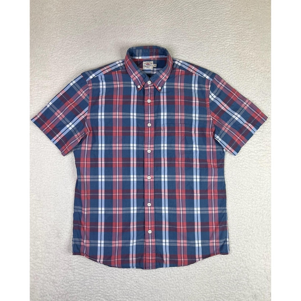 Faherty‎ Shirt Mens Medium Red Blue Plaid Cotton Short Sleeve Button Up Casual
